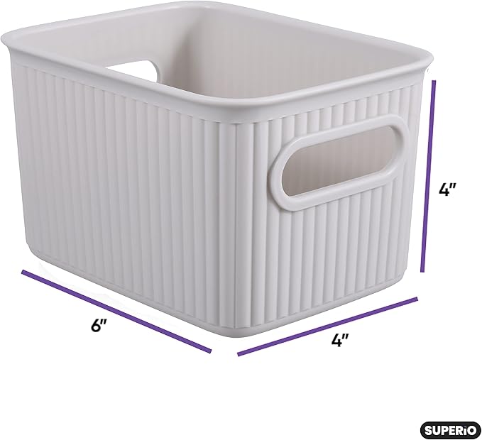 Superio Ribbed Collection - Decorative Plastic Basket Open Home Storage Bins Organizer, Small White Smoke (4 Pack) Container Boxes for Organizing Closet Storage Bins for Shelves 1.5 Liter