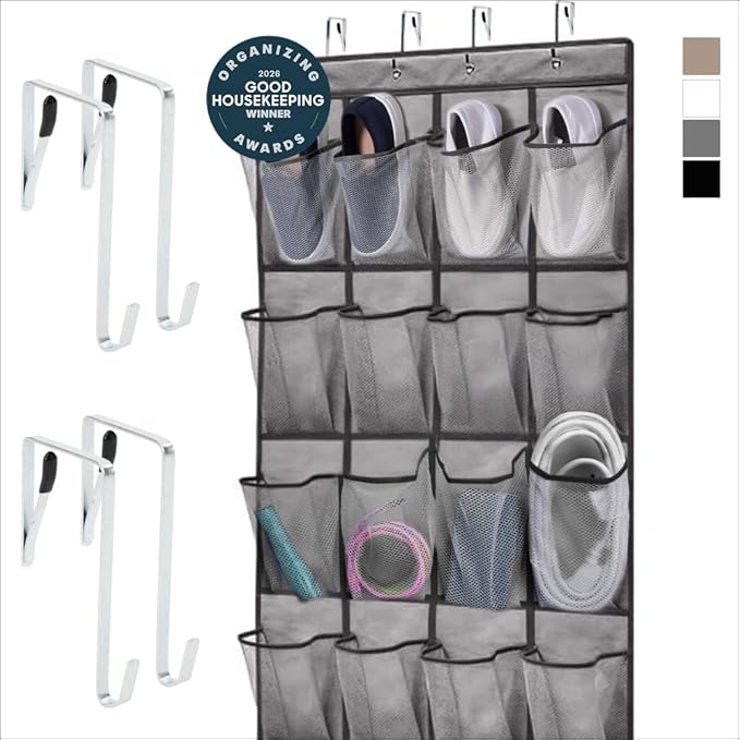 GORILLA GRIP Over the Door Shoe Organizer, 24 Large Breathable Mesh Pockets, Space Saving Hanging Storage Holder, Closet Rack Hanger Holds Up to 40 lbs, Hangs on Closets for Shoes, Accessories, Grey