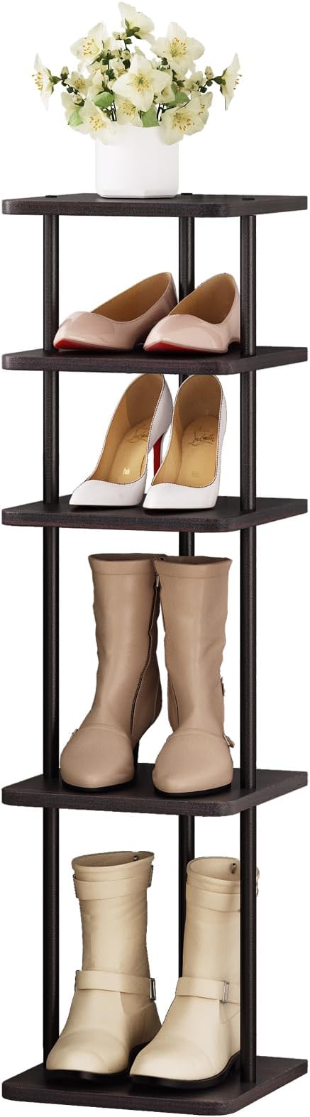 SORCEDAS 5 Tiers Vertical Shoe Rack Wooden Shoe Storage Organizer for Space Saving Narrow Shoe Shelf Storage 5 Pairs for Entryway Living Room Bedroom(Black + Rustic Dark Brown)