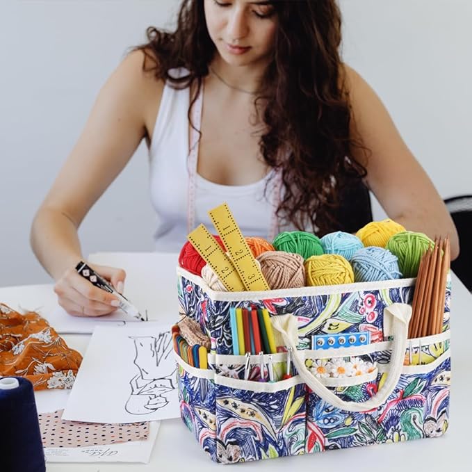 E-WEICHEN Craft Organizer Tote Bag Art Storage Caddy with Multiple Pockets Containers for Art,Craft,and Office Supplies Storage.Line Drawing