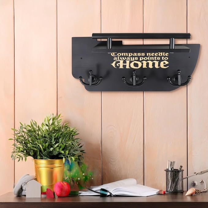 Picowe Wall Mounted Mail and Key Holder, Wooden Black Ship Style with 3 Anchor Hooks for Entryway, Farmhouse Wall Organizer for Mail & Keys