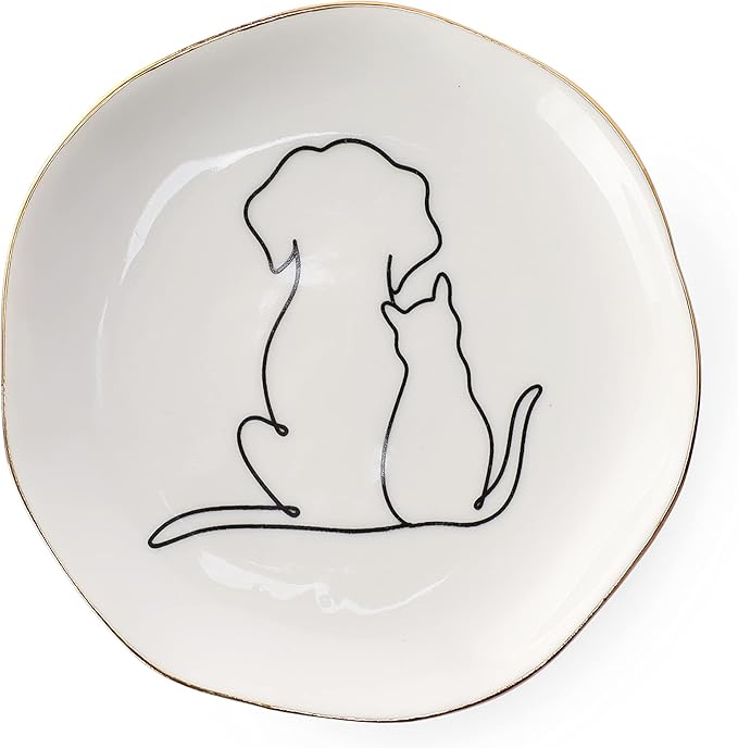 HOME SMILE Ceramic Cat and Dog Ring Dish, 4x4x0.6 inches, White, Irregular Round Shape, Polished Finish, Christmas Gift