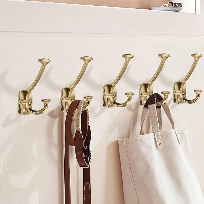 Large Wall Double-Sided Hook 10 Pack Champagne Brozne Hook Decorative Heavy Duty Solid Large Coat Hooks for Towel Hanging Coats Robe Towel Bags Door Back 2 Prong Hooks