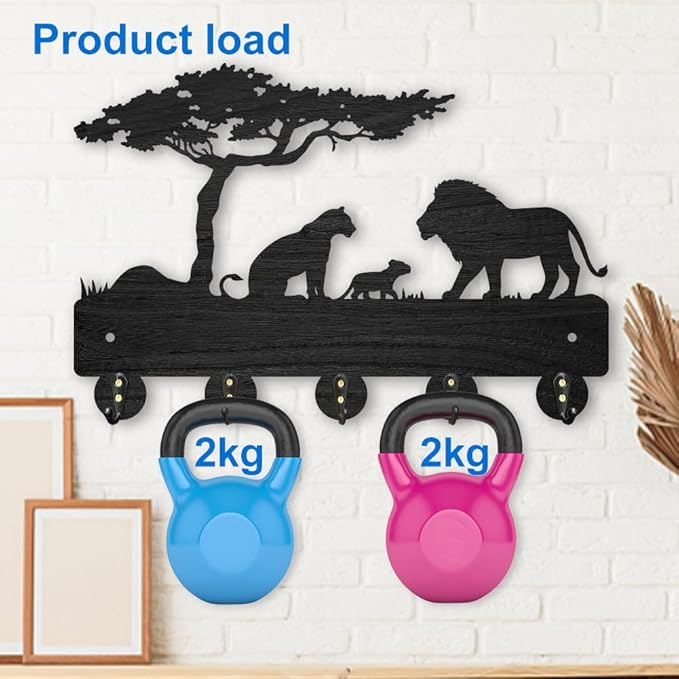 MAYJOYDIY Lion Prairie Tree Wooden Key Hooks Wall Mounted 11.8x7.9inch 5 Alloy Hooks Family Key Hanger Wildlife Animal Wall Art Decor Gift