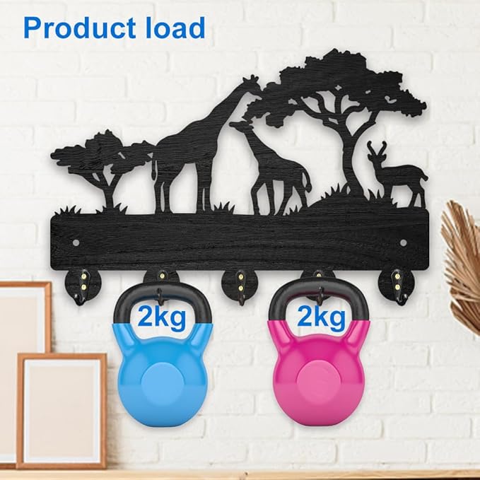 MAYJOYDIY Africa Giraffe Coat Rack Wood Key Holder 11.87.9inch Giraffe Family Deer Decorative Wall Hooks 5 Alloy Hooks Animal Tree Black Wall Hanger for Gifts Entryway Room Home