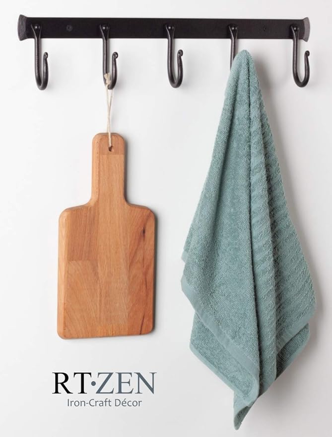 RTZEN Wall Mount Hook Set - Wrought Iron Decorative Rustic Metal Coat Hooks for Hanging - Handcrafted Classic Farmhouse Wall Mounted Black Hooks for Towel Robe or Hat Hanging - 5 Hook Rack
