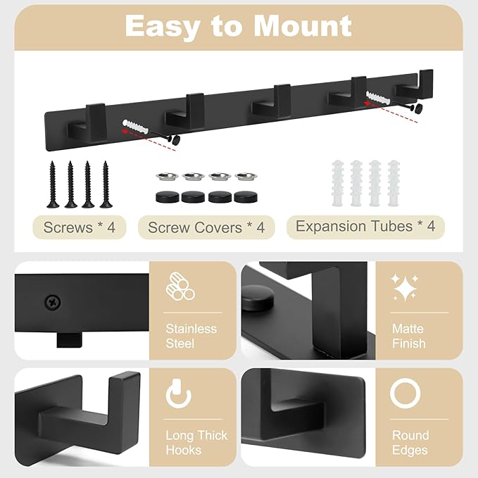 Coat Rack Wall Mount, Metal Coat Hanger with 5 Hooks, Heavy Duty, Black, 2 Pcs