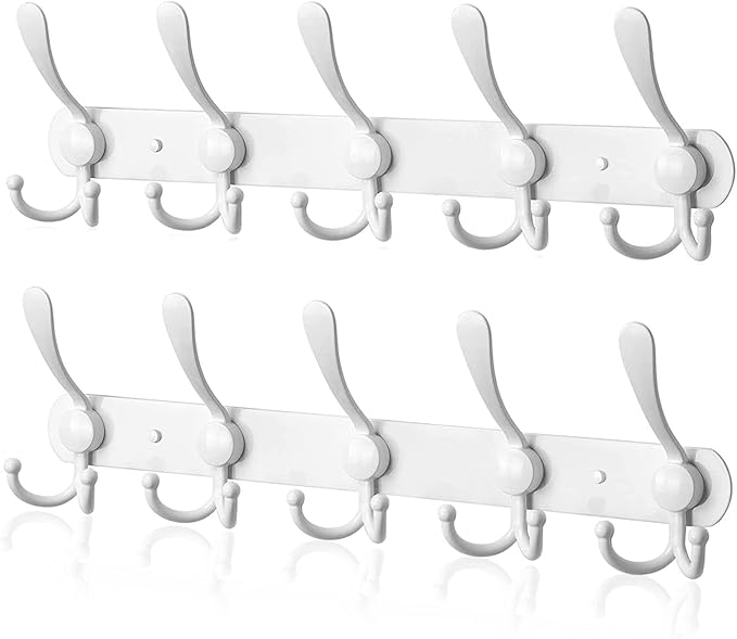 Coat Rack Wall Mounted,5 Tri Stainless Steel Coat Hook for Coat Hat Robes Towel in Mudroom Entryway (White, 2 Pack 5 Hook)