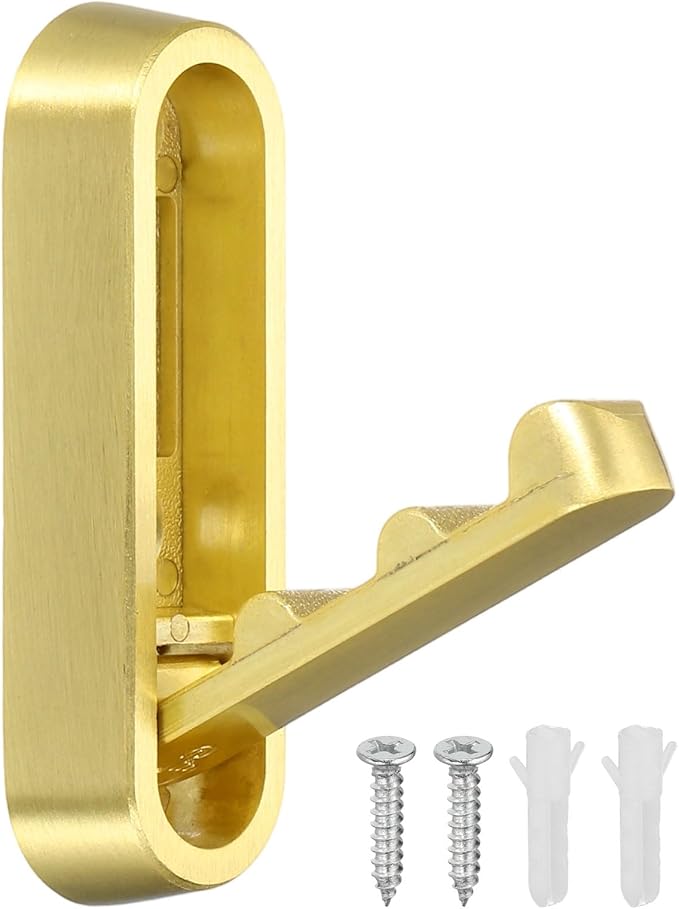 uxcell Foldable Wall Hooks, Aluminum Alloy Heavy Duty Wall Mounted Folding Coat Hooks with Mounting Accessories Space-Saving for Hanging Coat Towels Hat Bags, Oval, Brushed Gold