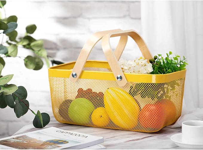 Mesh Steel Storage Organizer Basket Fruit Basket Bin with Wood Handle Ideal for Kitchen Bathroom Picnic Baskets Pantry Cabinets Storage Home Decor (Lemon Yellow)