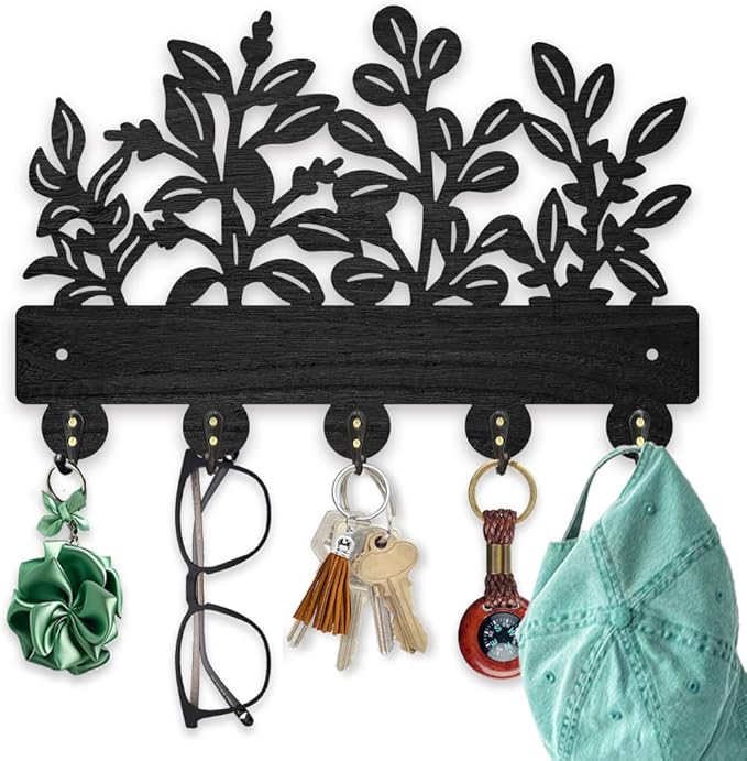 MAYJOYDIY Wooden Leaf Pattern Key Hook Wall Mounted Nature Plant Themed Key Holder for Wall 11.8×7.8 inch Black Art Key Hanger Rack with 5 Alloy Hooks for Entryway Bedroom Living Room Home Decor