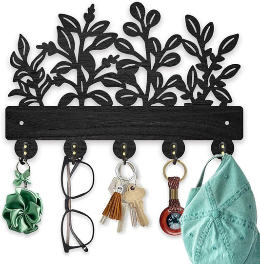 MAYJOYDIY Wooden Leaf Pattern Key Hook Wall Mounted Nature Plant Themed Key Holder for Wall 11.8×7.8 inch Black Art Key Hanger Rack with 5 Alloy Hooks for Entryway Bedroom Living Room Home Decor