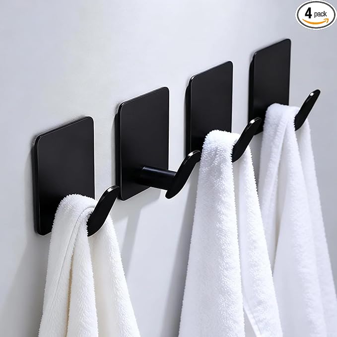 4-Pack Adhesive Hooks for Towels & Coats- Matte Black Stainless Steel Wall Hooks for Bathroom & Kitchen/RV Accessories