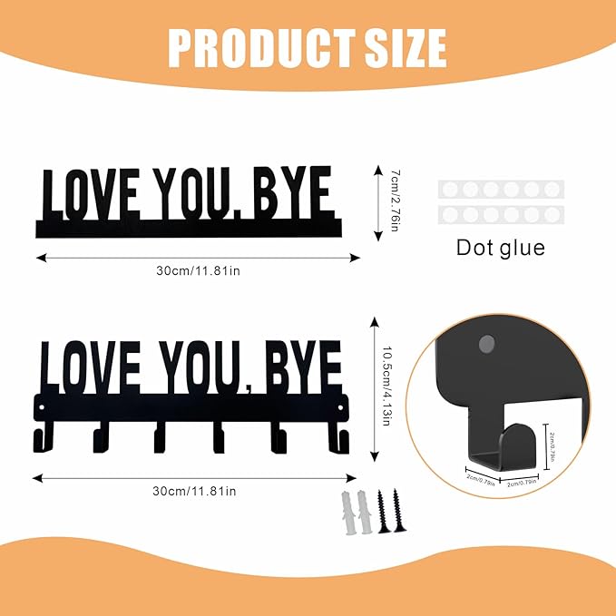 2 Piece Key Holder Wall Mount, Love You Bye Key Holder for Wall, Key Holder Hook Rack Organizer Hanger with 6 Hooks for Entryway, Front Door, Hallway, Living Room