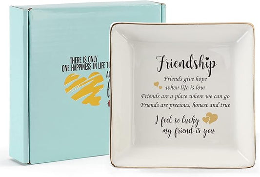 HOME SMILE Best Friends Ring Dish Decorative Tray-Friendship Present-Sentimental Inspirational Gift for Cheer Up Women-Friends Are A Place Where We Can Go,Iâm Lucky My Friend is You