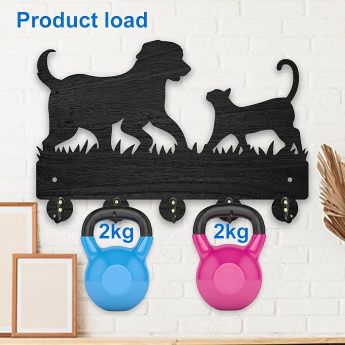 MAYJOYDIY Decorative Wall Mount Key Holder with 5 Hooks, Pet Cat Dog Design, 11.8 x 7.9 inch, Wood for Dog Leash Entryway Kitchen Office Gift