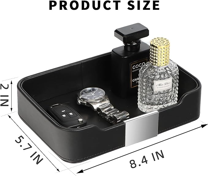 SANZIE Luxury Leather Tray Desktop Storage Catchall Organizer Decorative Tray for Entryway Table to Hold Jewelry Watch Keys Phone Wallet (Metal Silvered, Black)