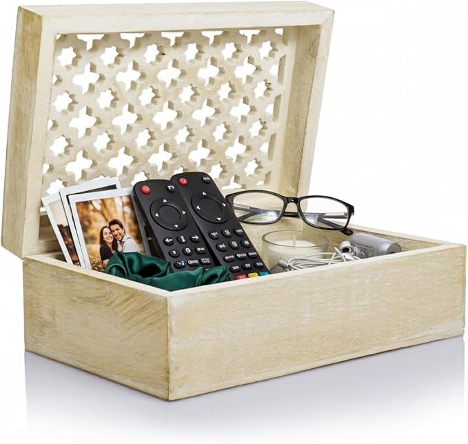 Mela Artisans Large Wooden Keepsake Box | Whitewash Memory & Decorative Storage Box for Jewelry, Photos & Trinkets with Hinged Lid | vintage Storage Box | Trellis Design | 9 x 6 x 3.5