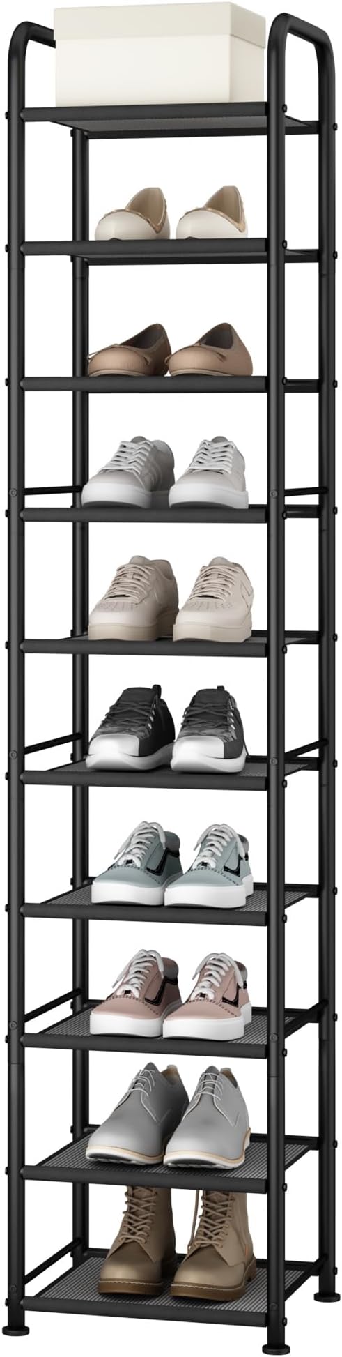 STO STO 10-Tier Narrow Shoe Rack with Sturdy Mesh Shelves, Slim Tall Metal Shoe Organizer for Entryway, Closet, Hallway, Holds 10 Pairs, Vertical Free Standing Shoe Storage Shelf, Black