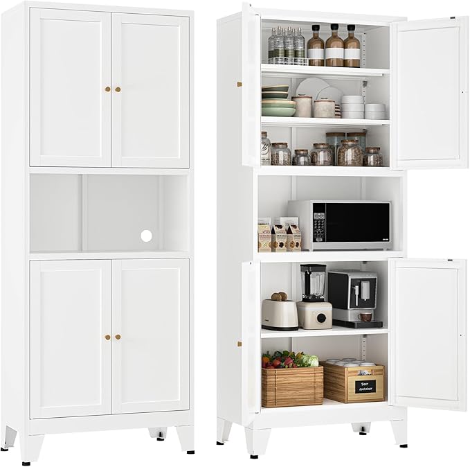 69" Tall Metal Pantry Cabinet with Microwave Shelf,Microwave Storage Cabinet with 4 Doors & 3 Adjustable Shelves,Metal Cabinet with Storage for Kitchen Dining Room Living Room(1PC,White)