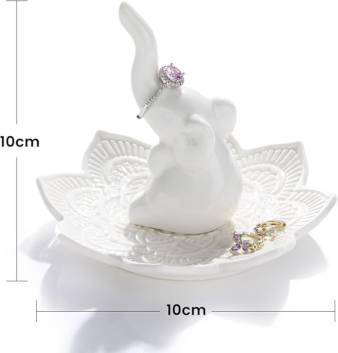 White Elephant Ring Holder With Mandala Jewelry Dish, Boho Decor, Holder for Rings Earrings Bracelets, Gifts for Adults, Birthday Mothers Day Christmas Gifts for Women