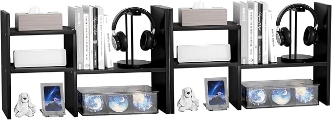 Jerry & Maggie Desktop Organizer Office Storage Rack Adjustable Wood Display Shelf Birthday Gifts Toy Home Decor Free Style Rotation Display True Natural Stand Shelf (Black/2 Pack)