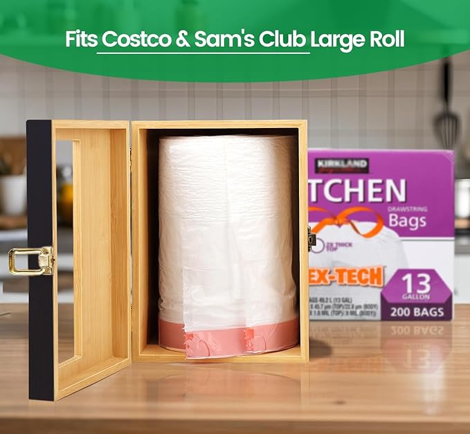 Extra Large Black Bamboo Trash Bag Organizer Roll Holder, Fits Costco & Sam's Club Jumbo Rolls, Under-Sink, Cabinet & Wall Mount Dispenser, Garbage Bag Storage for Kitchen, Pantry, Garage