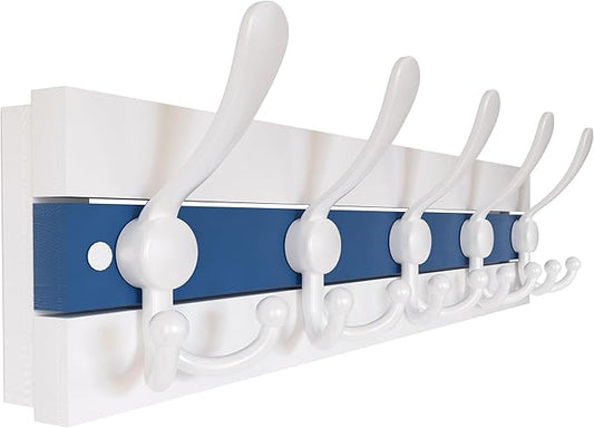 SKOLOO Coastal Wall Mounted Coat Rack - 16-7/8" Beach House Entryway Wooden Coat Hook with 5 Hooks for Hanging Coats, Hats or Towels, Oceanfront Cottage Core Collection, White & Blue