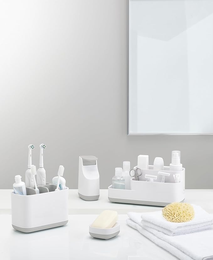 Joseph Joseph Easy-Store - Toothbrush and Toothpaste Holder Caddy, Bathroom Storage Countertop Organizer, Large, Grey/White