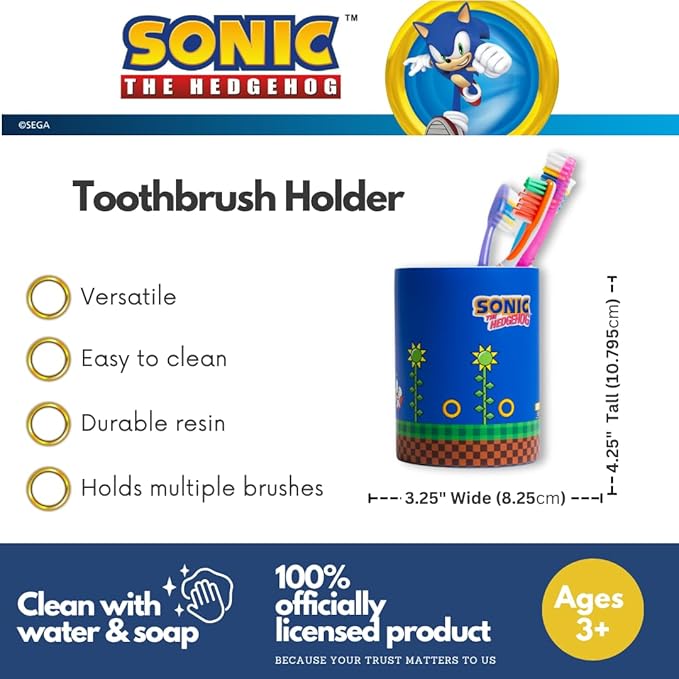 Sega Sonic The Hedgehog Gamer Kids Toothbrush Holder - Makeup Brushes/Pens Tumbler, (Officially Licensed Product) by Franco Collectibles