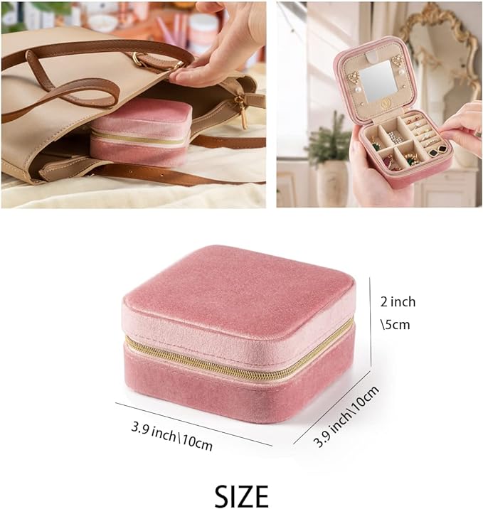 Plush Velvet Travel Jewelry Case, Travel Jewelry Organizer, Jewelry Travel Case, Travel Jewelry Box, Small Jewelry Case, Jewelry Travel Box, Earring Organizer with Mirror - Pink 4packs
