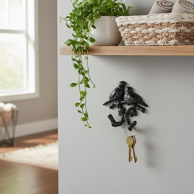 Comfy Hour 5.4" Heavy Duty Cast Iron Bird Wall Hook, Decorative Double Bird Key Holder for Wall, Rustic Animal Coat Rack for Entryway, Bathroom & Mudroom, Vintage Home Decor, Black, 1 pc