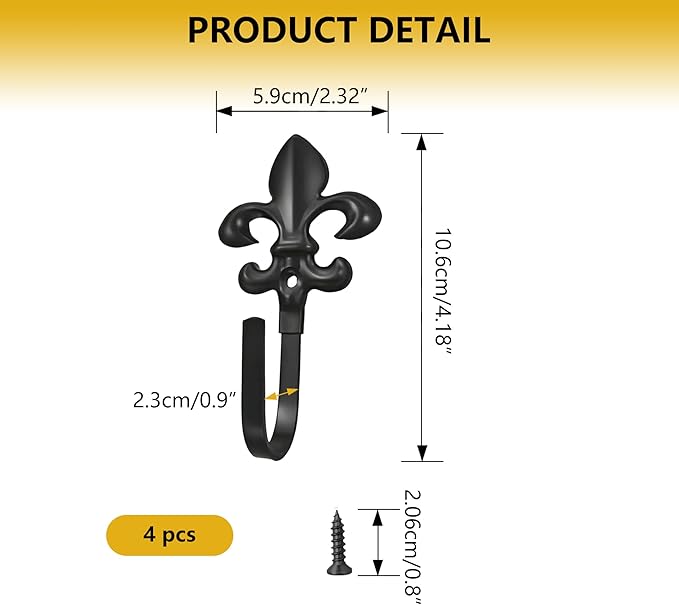 Decorative Wall Hooks for Hanging Things, Vintage Fleur De Lis Metal Coat Hooks, Heavy Duty Black Rustic Hooks for Key, Jewelry, Curtain Tie Backs, Towel, Hat, Small Decorative Hardware 4 Pack