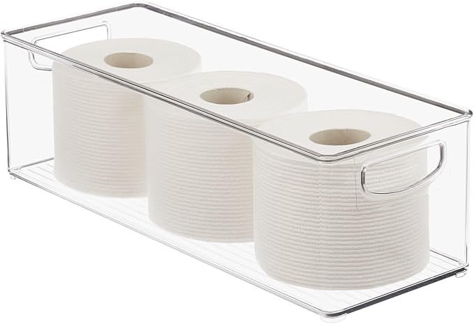 mDesign Plastic Bathroom Storage Container Bins w/ Handles - Closet, Cabinet, Vanity, Cupboard Shelf Organization, Hair Tools Accessory Organizer - Ligne Collection; Clear, 16x6x5 (Pack of 8)