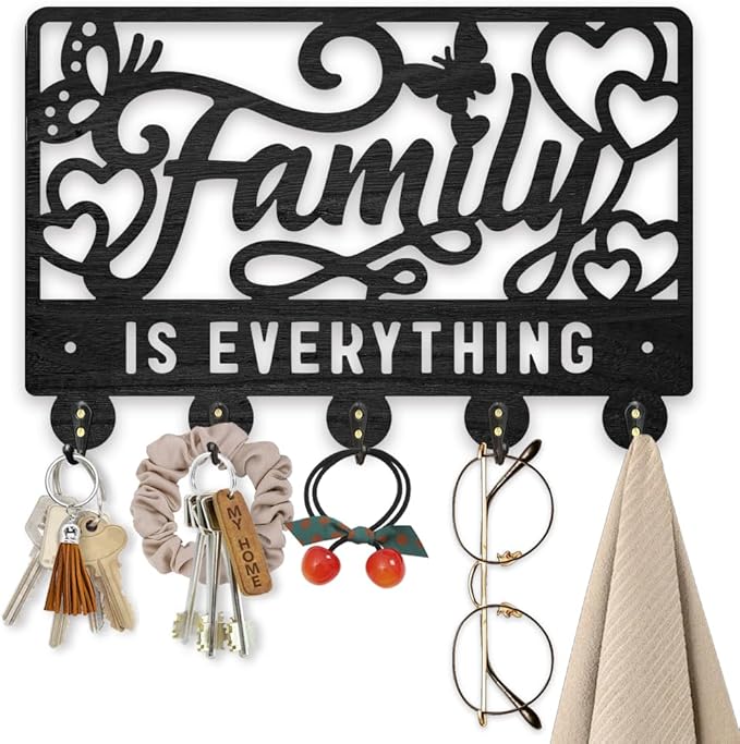 MAYJOYDIY Family is Everything Wood Key Holder for Wall 11.8x7.8inch Butterfly Heart Wall Mounted Key Hooks Coat Hanger Rack with 5 Alloy Hooks for Gift Entryway Front Door Kitchen Office Decor