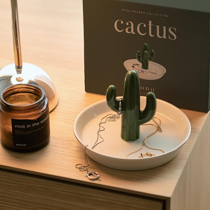 Cactus Jewelry Holder and Ring Dish - Ceramic Succulent Decor for Kitchen Sink or Vanity - Cute Engagement, Birthday, or Motherâs Day Gifts for Women, Gold-Rimmed Trinket Tray