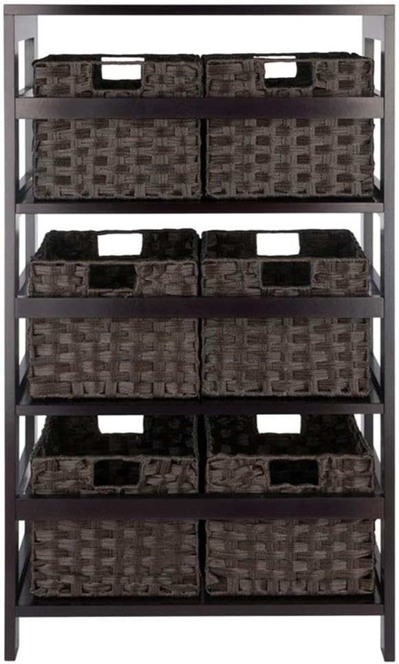 Winsome Leo 3-Tier Wide Storage Shelf with 6 Foldable Woven Baskets, for Living Room, Home Office, Bedroom, Espresso