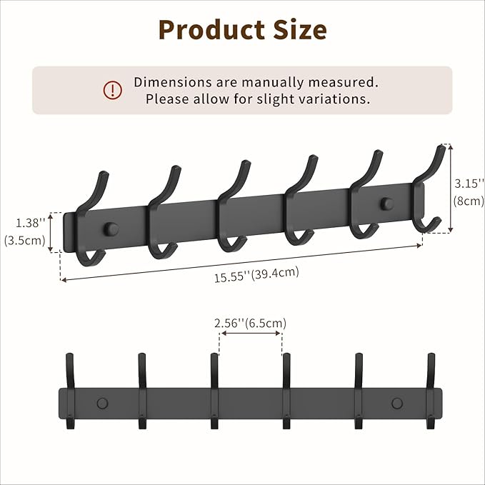 Black Coat Rack Wall Mount - 15 Inch Arc Shaped Design with 6 Hooks for Hanging Coats, Bags, and Towels in Entryway, Livingroom, Bedroom, Bathroom, and Kitchen, 1 Pack