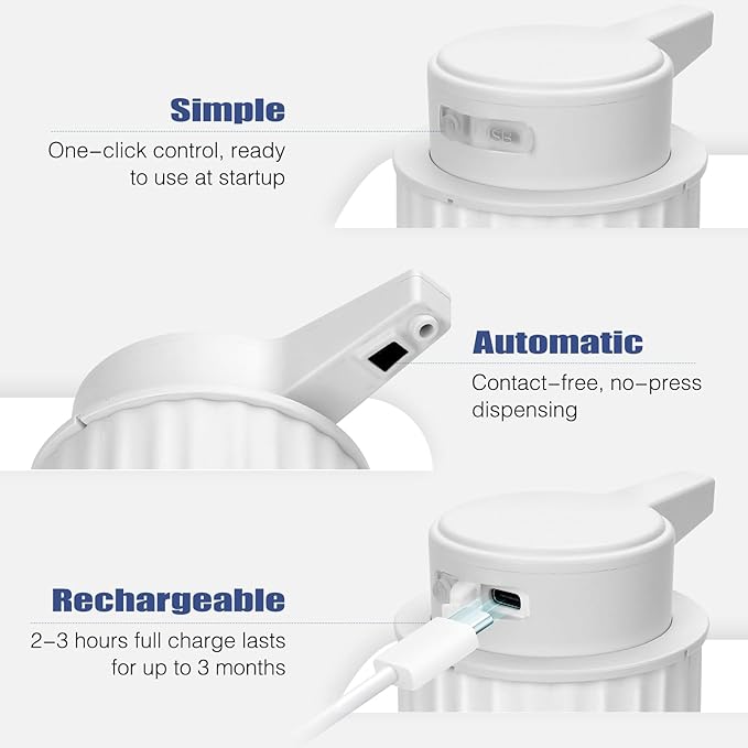 Automatic Soap Dispenser Foaming Touchless: 9oz Plastic White - Rechargeable Electric Smart Auto Foam Soap Dispenser - Bathroom Kitchen Hand Dish Lotion