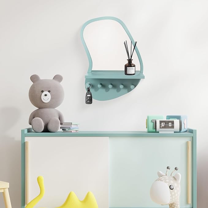 SANY DAYO HOME Wall Mount Wood Frame Irregular Mirror with 5 Wooden Hooks and Shelf, Modern Decorative Hanging Mirror for Entryway, Bedroom, Living Room (16″ x 12″, Turquoise)