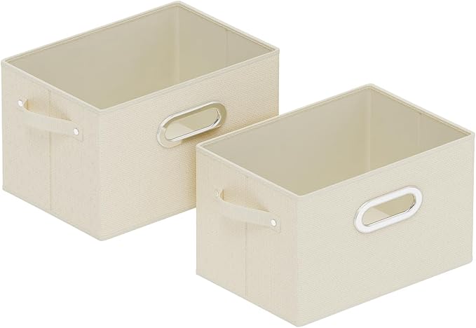 Foldable Cloth Basket with 4 Handles, Decorative Open Storage Boxes, Stackable Cube Organization, Fabric Bins for Shelves, Closet, Living Room, 10.2x7.9x6.7in, Beige, 2 Pack