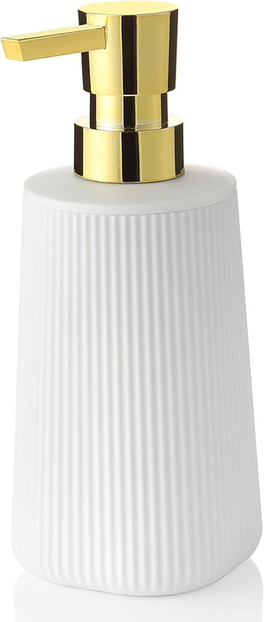 Small Soap Dispenser for Bathroom and Kitchen, Modern Farmhouse Striped Style Plastic Hand Soap Dish Soap Dispenser with Pump Matte White and Gold