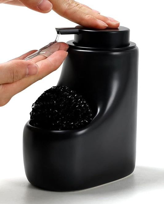Ceramic Lotion Dispenser - 12 oz Bathroom Hand Pump Dispenser Hand Dish Soap Dispenser Bottles Black Pump Dish Liquid Dispenser for Kitchen… (Ceramic, Black Lotion with Sponge)