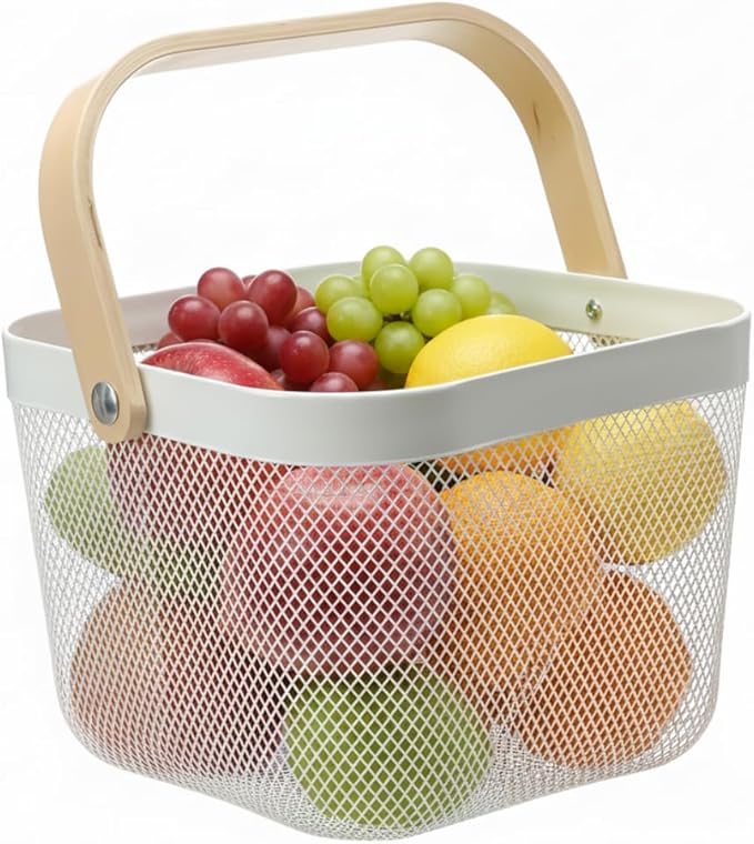 Mesh Steel Storage Organizer Basket Fruit Basket Bin with Wood Handle Ideal for Kitchen Bathroom Picnic Baskets Pantry Cabinets Storage Home Decor (White)