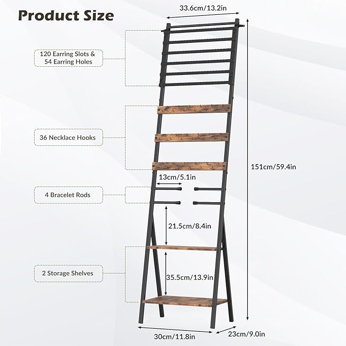 Jewelry Stand Floor Standing Jewelry Holder Organizer Jewelry Organizer Stand with Necklace Holder Earring Organizer Freestanding Jewelry Armoire for Watches, Rings, Bangle