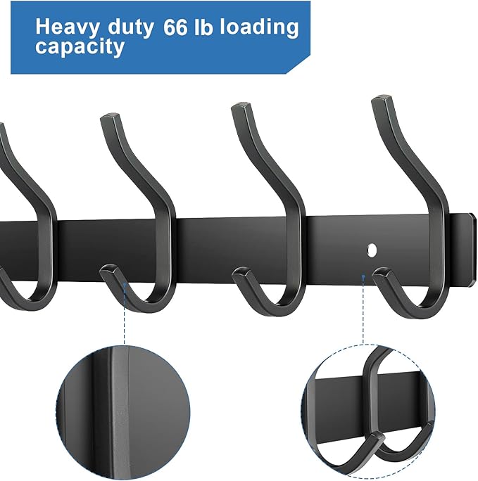 Black Wall Hooks, 17 Inch Coat Rack Wall Mount with 6 Hooks, Wall Hooks Heavy Duty for Hanging Backpack, Bag, Purse, Clothes, Hat, Coat, Towel | Entryway & Bathroom Storage Organization Hanger