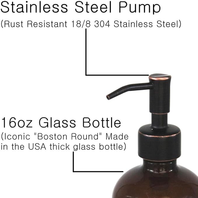 2 Pack Thick Amber Glass Pint Jar Soap Dispenser with Oil Rubbed Bronze Stainless Steel Pump, 16ounce Boston Round Bottles Dispenser with Rustproof Pump for Essential Oil, Lotion Soap