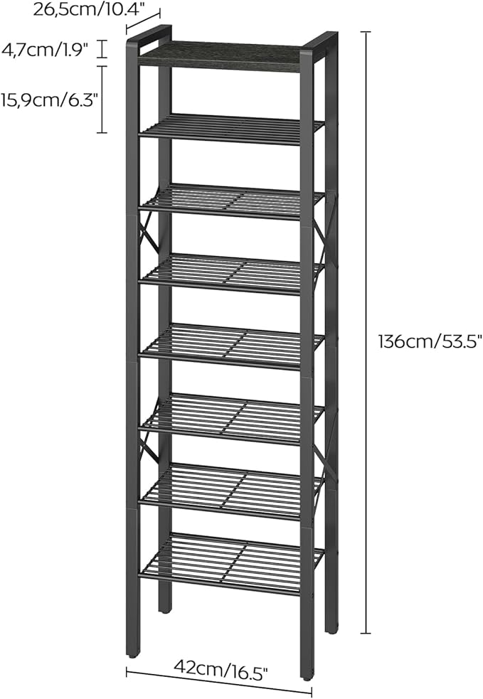 8-Tier Narrow Shoe Rack, Tall Shoe Rack for 8-16 Pairs, Slim Shoe Storage Organizer with Wooden Top, Space Saving, Metal Frame, for Entryway, Charcoal and Black SS608BC