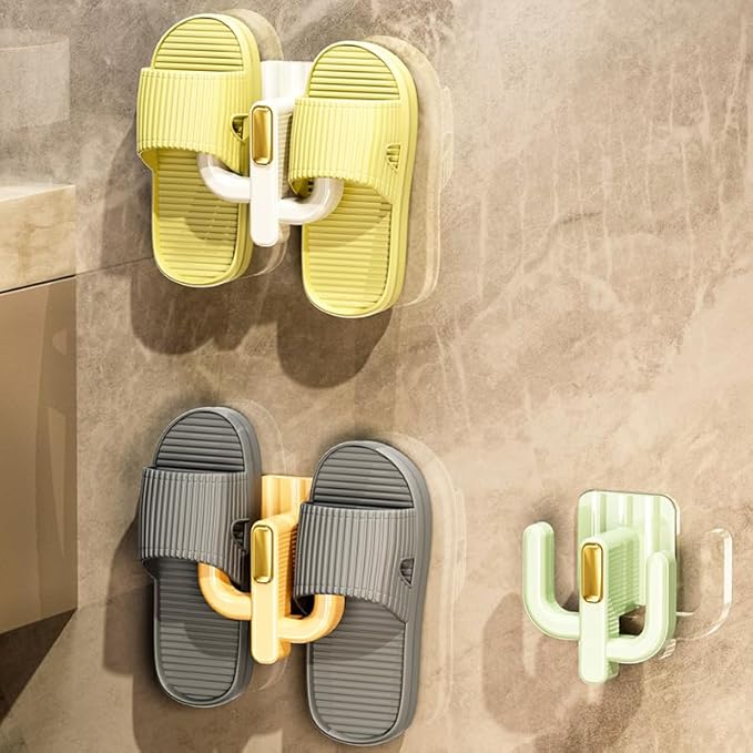 4 Pack Wall Mounted Shoe Rack - Premium Hanging Shoe Organizer Shelf with Sticky Hanging Mounts, Door Hooks for Slippers Keys Bags Storage - White & Yellow