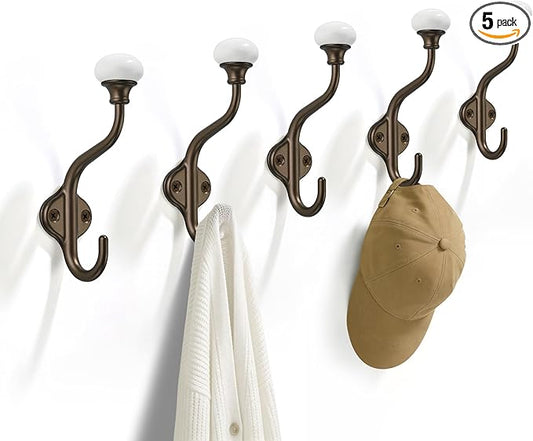 TUNNY Coat Hooks - 5 Pack Brown Towel Hooks Robe Hooks Decorative Wall Hooks for Bathroom Bedroom Kitchen Towel Robe Clothes Cabinet Closet Bathroom Hardware